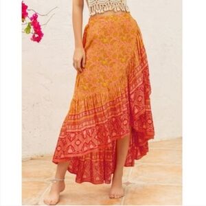 Rustty Dustty Ruffle Orange Maxi Skirt Modern Bohemian Rayon Skirt Sz Small